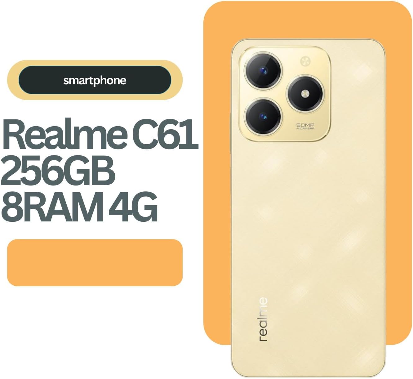 Smartphone Realme C61 256GB 8GB RAM Câmera 50MP Bateria 5000mAh Tela 6,74'' - Dourado